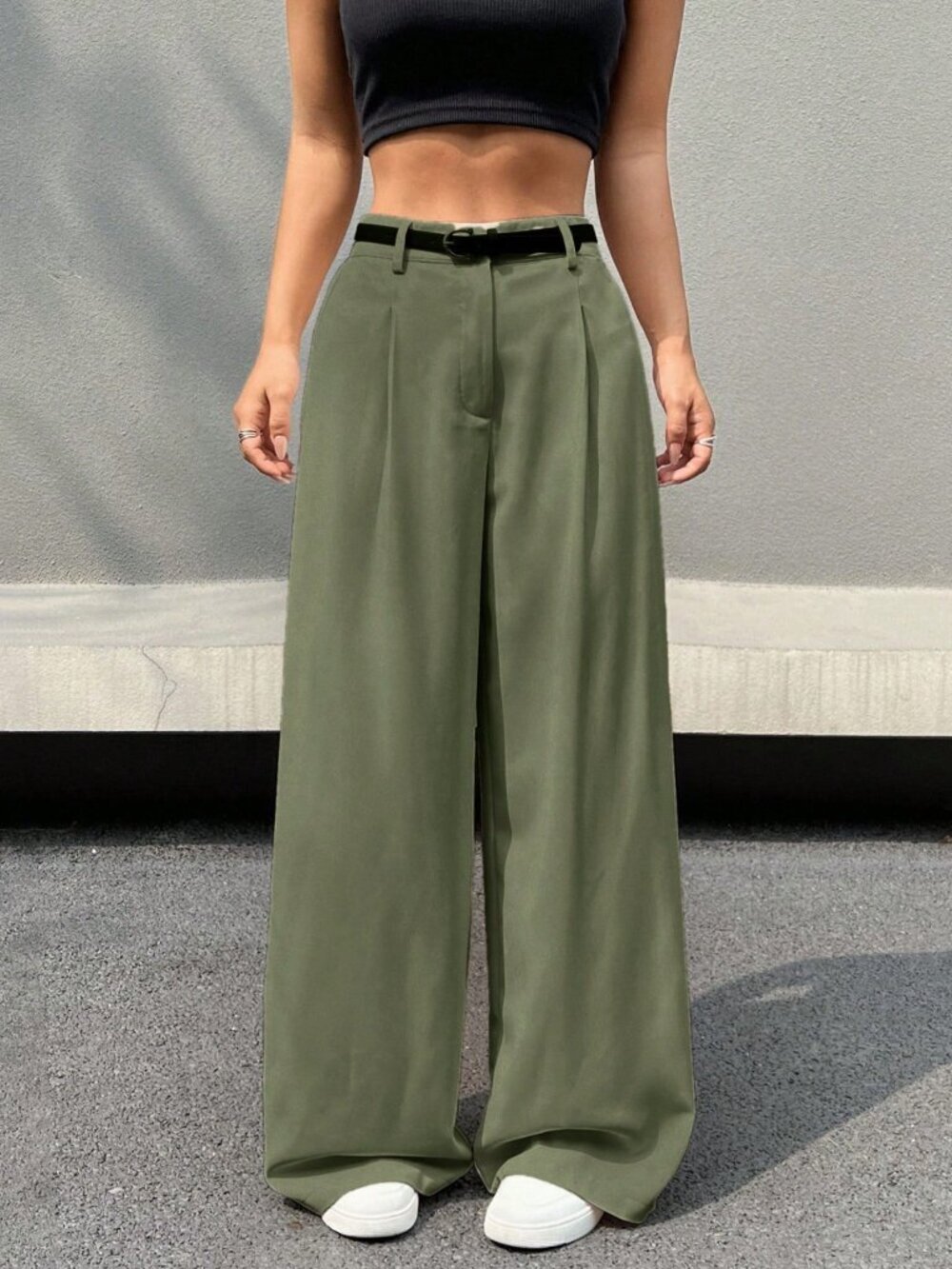 Green Casual Women's Zip Front Wide Leg Pants - Picture 3 of 6